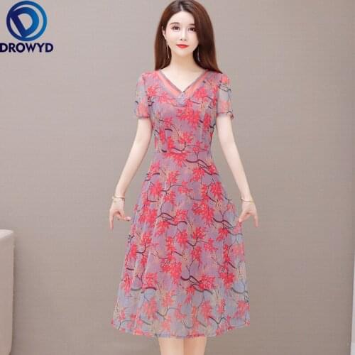 2021 Women Temperament Floral Print Short Sleeve V-neck A-line Chiffon Red Plus Size Casual Summer Boho Party Dresses Vestidos