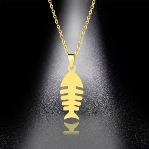 Gold Stainless Steel Fish Bone Necklace for Women Man Lovers Creative Fish Pendant Necklace Engagement Jewelry Gift