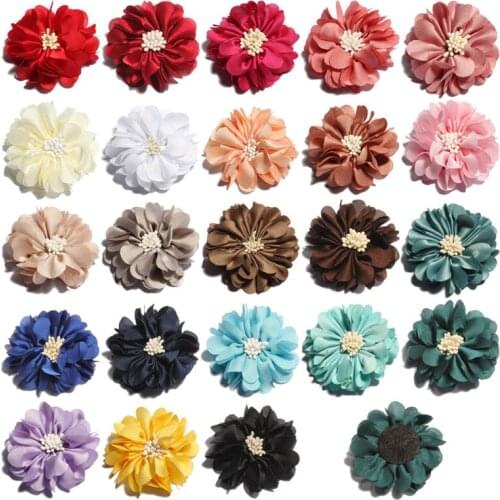 120PCS 23colors 5cm Newborn Do Old Chiffon Hair Flowers for Kids Hair Accessories Vintage Wrinkles Fabric Flowers with Match End