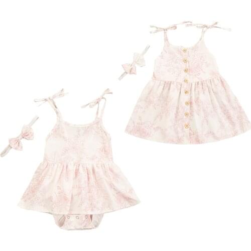 2021 0-4Y Sister Matching Girls Lace-up Suspender Dress +Headband Sweet Summer Flower Snap Crotch/Button Decor A-line Dress