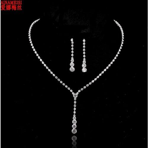 AINAMEISI Fashion Women Drop Crystal Choker Necklace Earrings Set Bridal Bridesmaid Charm Wedding Jewelry Sets