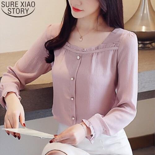 Long Sleeve Chiffon Blouses Fashion Women Sweet Square Collar 2021 Autumn New Korean Shirts Tops Blusas Mujer Clothes 15629