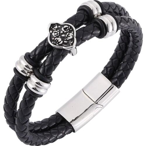 Double Layer Black Leather Bracelet Men Jewelry Flower Pattern Stainless Steel Magnetic Buckle Braided Wrist Band Gifts ST0330