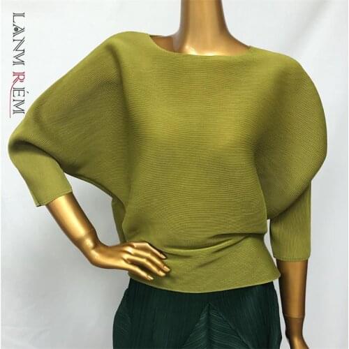 LANMREM Solid Color O-neck Bat Sleeve Short T-shirt Women Vintage Casual Loose Wild Pleated Tee Shirt Tide 2020 New autumn PD208