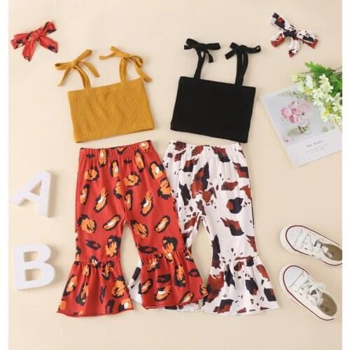 Fashion Toddler Newborn Baby Girls 2PCS Summer Clothes Sets Knitted Sleeveless Bandage Crop Tops+ Print Flare Pants+Headband