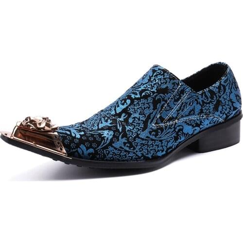 Mens shoes with gold metal toe Mens Dress Fashion Handmade Medium heel with blue embroidery pattern