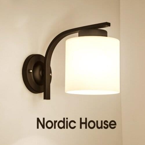 Nordic Style Retro Wrought Iron Black Painted with Frosted Glass Shade E27 LED Wall Sconce Wall Lamp for Bedroom Bedside Aisle