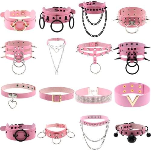 2021 Goth Pink PU Leather Necklaces for Women Spike Rivet Sexy Collar Studded Choker Link Chains Body Jewelry Cute girls Chocker