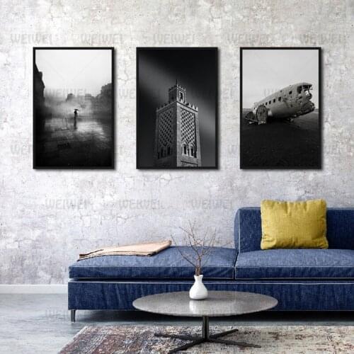 Poster Gray Fallen Plane and Clock Tower Home Decoration Canvas Painting Living Room and Bedroom Wall Art Modern Frameless Style