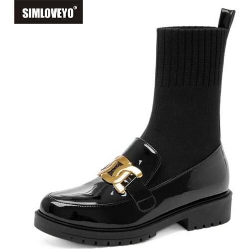 SIMLOVEYO Winter Autumn 2021 Square Toe Boots PU Leather Metal Chain Knitting Woolen Tube Sock Boot Women Fashion Stretchy S227