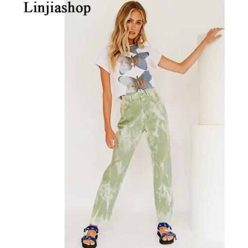 Spring women long pant vintage high waist green tie-tye pants high street slim fit long pencil trousers girls