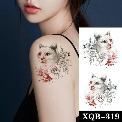 Waterproof Temporary Tattoo Sticker Realistic White Cat Plain Flower Design Fake Tattoos Flash Tatoos Arm Body Art for Women Men