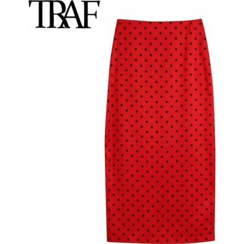 TRAF Women Chic Fashion Polka Dot Straight Midi Skirt Vintage High Waist Back Zipper Female Skirts Mujer