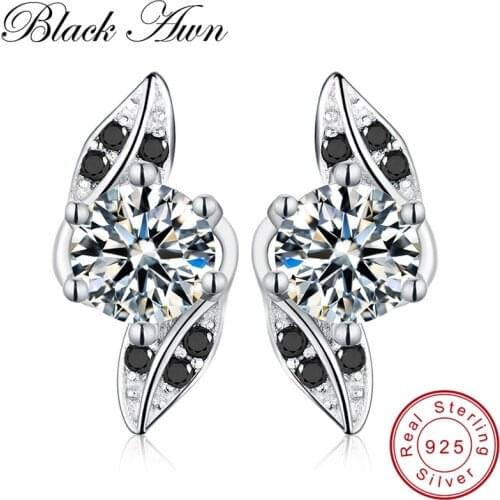 [BLACK AWN] Engagement Stud Earrings for Women Black Spinel Stone Genuine 100% 925 Sterling Silver Fine Jewelry T141