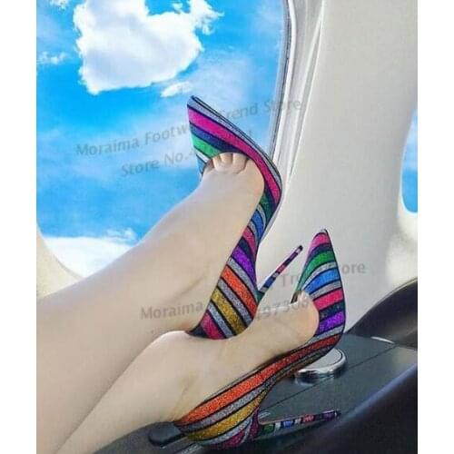 Moraima Snc Colorful Glitter Striped High Heel Shoes Sexy Pointed Toe Party Wedding Heels Woman Shallow Stiletto Heels 12/10CM