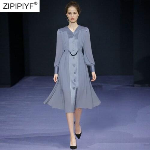 2021 Summer Runway Fashion V Neck Long Lantern Sleeve Single-Breasted Chain Design Ball Gown High Waist Office Dresses Z289