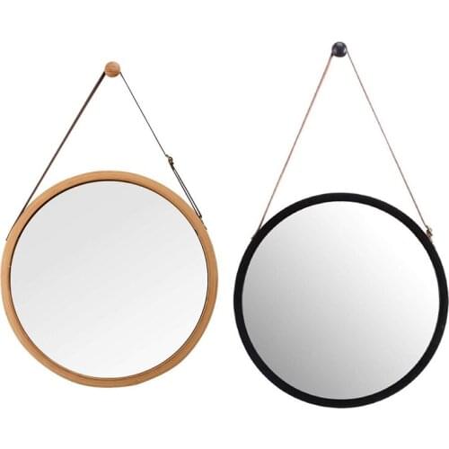 2X Hanging Round Wall Mirror In Bathroom & Bedroom Solid Bamboo Frame & Adjustable Leather Strap (Bamboo/Black, 15 Inch)