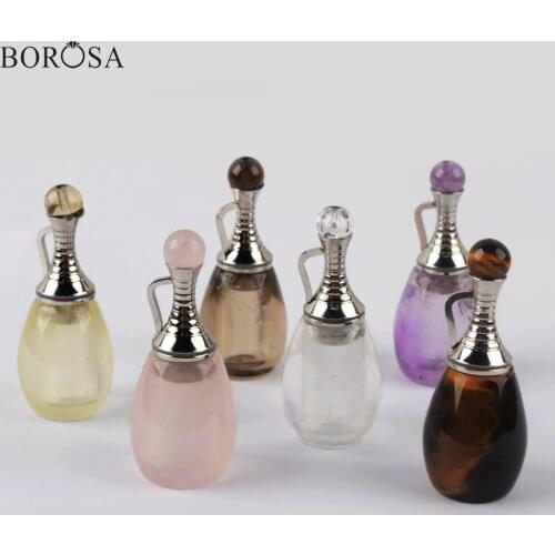 3Pcs Silver Color Natural Gems Stone Perfume Bottle Pendant Diffuser Amethysts Quartz Essential Oils Bottle Jewelry WX1222