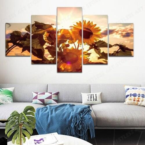 5Pcs Painting Flowers Sunflower Framed Canvas Poster Decoration Bathroom Living Room Bedroom Home