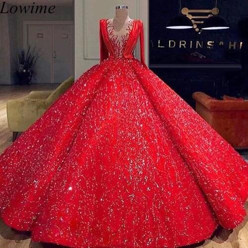 Arabic Luxury Red Celebrity Dresses 2019 Long Sleeves Formal Robe De Soiree Glitter Evening Dress With Sequin And Beadings