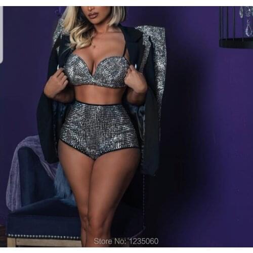 Sparkly Silver Rhinestones Outfit Set Women Singer Dance Bra Short Jacket Wear Nightclub Clothes Black Wear Birthday Outfit Set