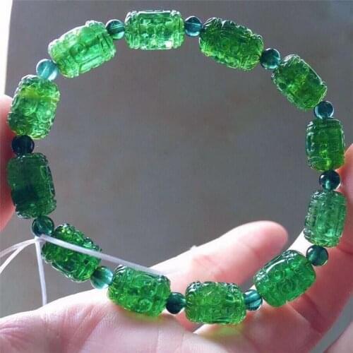Natural Engravings Green Tourmaline Crystal Beads Bracelet 13*8mmAAAAAA