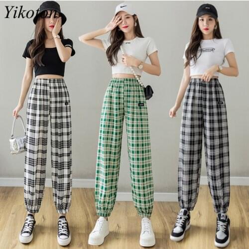Woman Pant Chiffon Plaid Pants Elastic Waist Loose Womens Jogger Summer 2021 New Straight Trousers Casual Pant High Waist Mujer