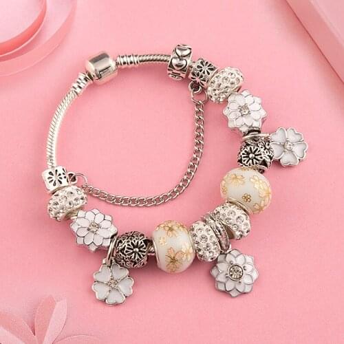 White Enamel Flower Leaf Charms Bracelet Silver Color Diy Bead Fashion Casual Bracelet for Women Girl Child Jewelry Gift