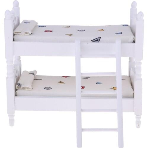 Wooden Miniature Bunk Beds & Mattress Pillows Set, for 1/12 Dollhouse Bedroom Furniture Kits