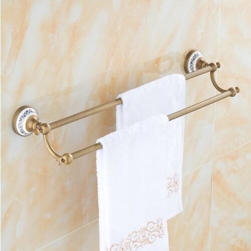 Ceramics base copper bathroom double towel bars, Wall toilet hanging towel rack shelf vintage, European antique brass towel bars