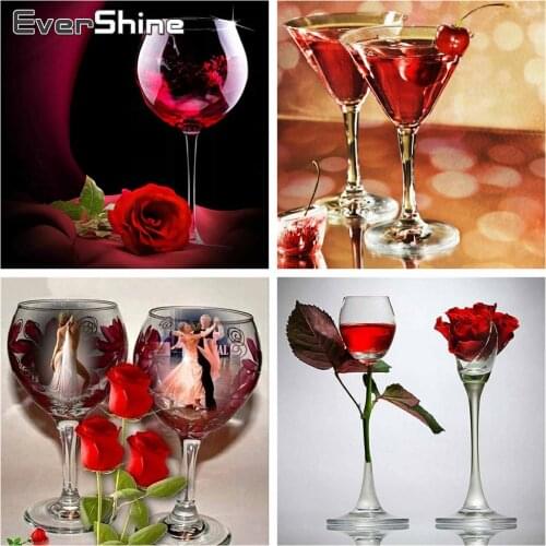 EverShine Diamond Painting Red Wine Full Drill Square Diamond Embroidery Landscape Wine Glass Cross Stitch Sale Home Decoration