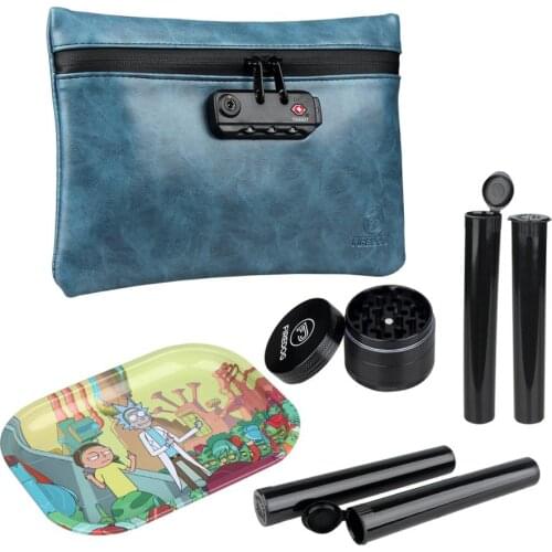 FIREDOG Smell Proof Bag Kit 4 Items Tobacco Pouch with Lock Case Container 2”Herb Ginder Metal Rolling Tray 4x Doob Tube