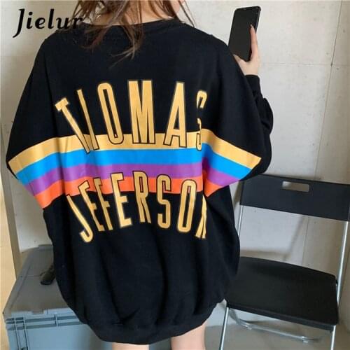 Jielur Rainbow Letter Print Winter Black Sweatshirt Women Loose M-XL Fleece Oversized Hoodies Female Pullovers Cool Streetwear