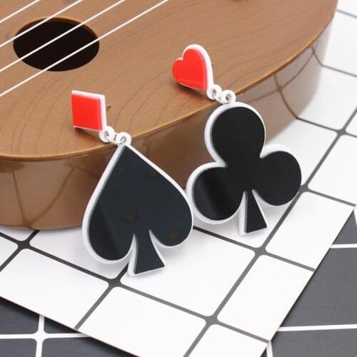 Korean Harajuku Asymmetric Playing Cards Spades And Plum Blossom Eardrop Fashion Funny Acrylic Personal Earrings Jewelry
