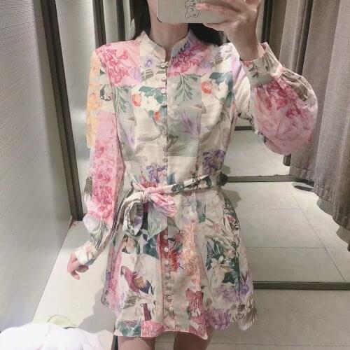 2021 Summer Autumn Long Sleeve Stand Collar Floral Print Mini Dress