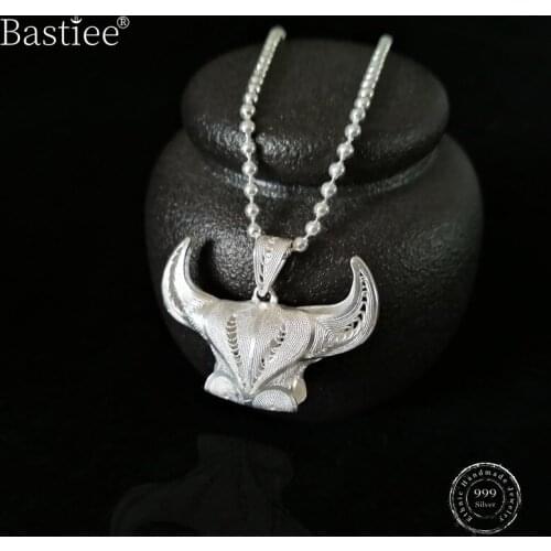 Bastiee 999 Sterling Silver Men Pendant Bull Ox Head Pendants Necklace Hmong Handmade Luxury Jewelry Boy Gifts Amulet Vintage