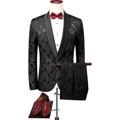 2019 Men Suit One Button Black Jacquard Suit with Pants Tuxedo Shawl Collar Wedding Suit Custom Made 2 Pieces(Jacket+Pants)