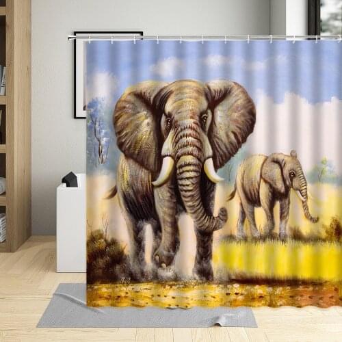 Autumn Animal Shower Curtain Grassland Wild Animal Deer Elephant Antelope Zebra Scenery Pattern Bathroom Floor Cloth Curtain Set