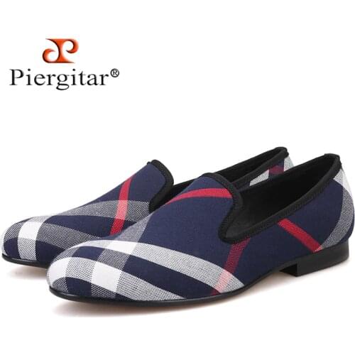 Piergitar Blue and white plaid canvas shoes luxurious brand men loafers black pig leather insole mens casual shoes mens flats