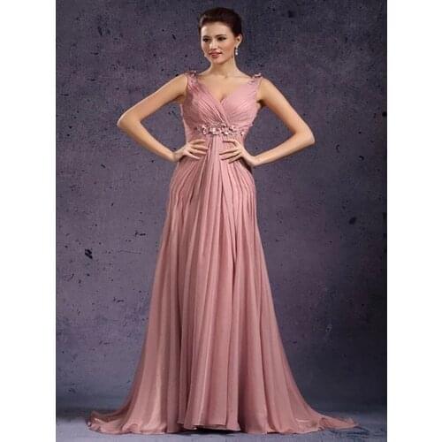 Backless Evening Dresses A-line Deep V-neck Chiffon Beaded Long Dubai Saudi Arabic Evening Gown Prom Dresses