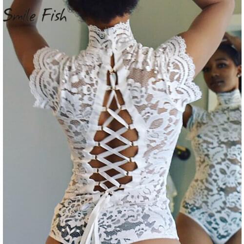 Sexy Backless Women Romper Lace Bodysuit Hollow Out Body Tops Cross Bandage Club Party Backless Erotic Mujer Overalls G1272