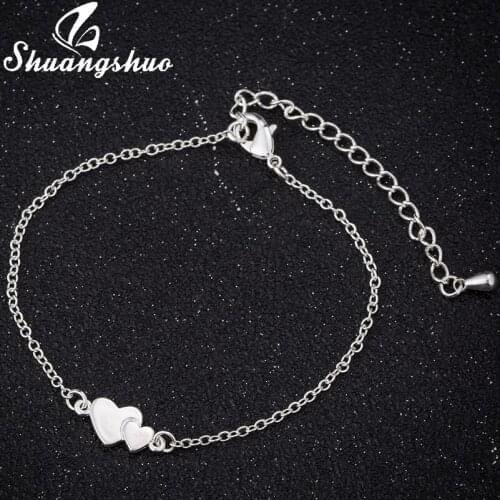 Shuangshuo Vintage Double Heart Bileklik Charms Bracelets For Women Boho Jewelry Bracelets for Women Heart Pendant Bracelets