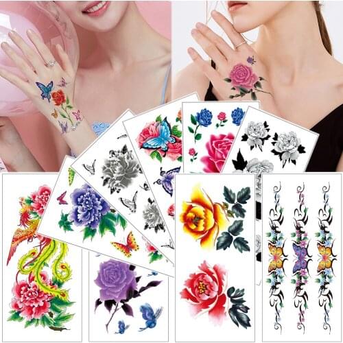 1 piece Temporary tattoo stickers Flower rose lily Woman waterproof tattoo Red purple Watercolor tattoos Butterfly body tattoo