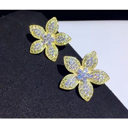 Yellow color flower stud earring 925 sterling silver with cubic zircon fine women jewelry daily