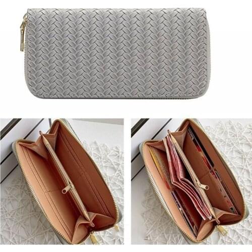 Womens Weave Artificial Leather Long Wallet Purse Elegant Solid Color Zip Around Clutch Bag Card Holder Phone Case Money Pouch