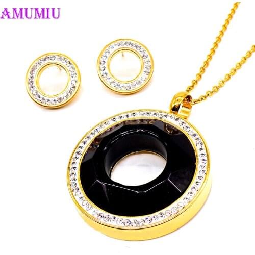 AMUMIU Black Glass Crystal 2019 Fashion Indian Necklace Earring Jewelry Sets for Women Brides Bridal Wedding Party Costum JS062A