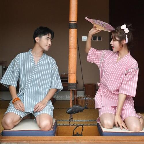 Women Pure Cotton Sleepwear Set Pure Cotton Soft Loose Japanese Style Pajamas Striped V-neck Short Man Message Sauna Pyjamas