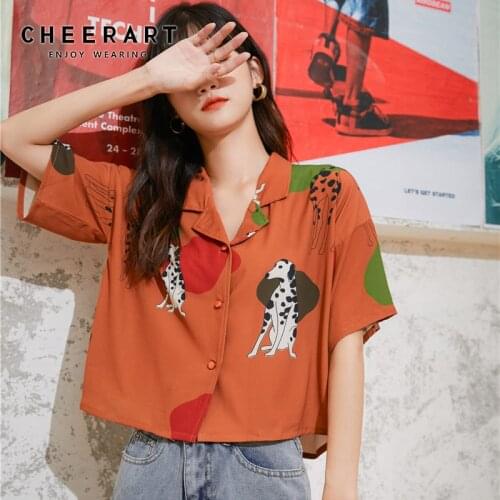 CHEERART Dog Animal Print Korean Woman Shirts Casual Short Sleeve Lapel Button Up Summer Blouse Women Tops And Blouses