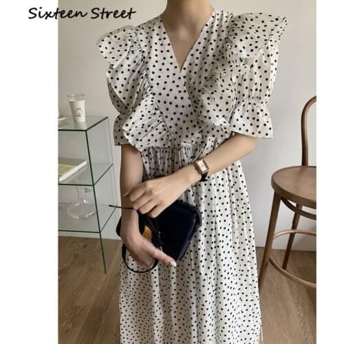 Dresses for Women Summer Korean Style Chic DOT Dress Female V-neck Edible Tree Fungus Vintage Y2k Vestido De Mujer Dropshipping