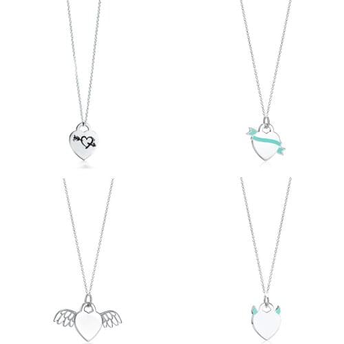 2020 NEW Original 100% 925 Sterling Silver Devil Angel Heart Necklace Love Shape Pendant Silver Chain Elegant Necklace Jewelry